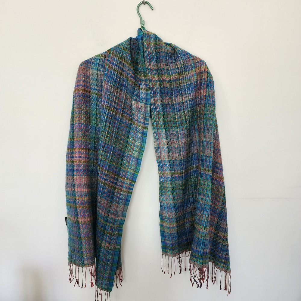 Ahujasons Wool Modal Blend Multicolor Textured Weave Fringe Scarf Blue Green